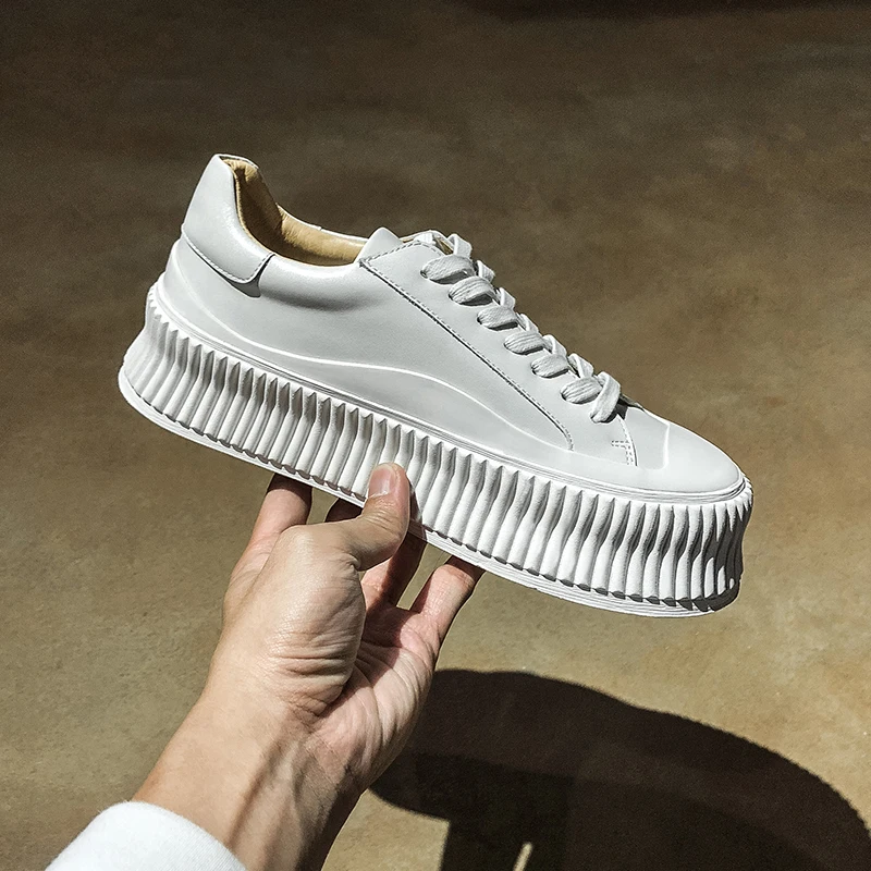 Leather White Casual Shoes Women Lace Up Solid Shoes Spring New Thick-soled Cakes Version Flat Shoes Women Platform Shoes