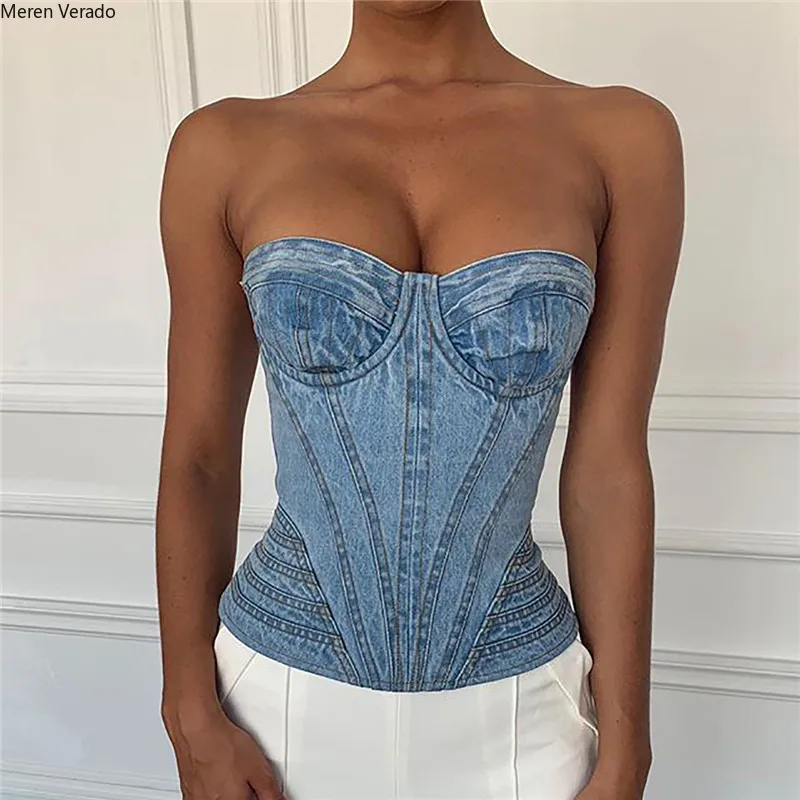 

Meren Verado 2019 Autumn casual strapless sexy backless t shirt tank tops Summer fashion zippers sleeveless denim vest female
