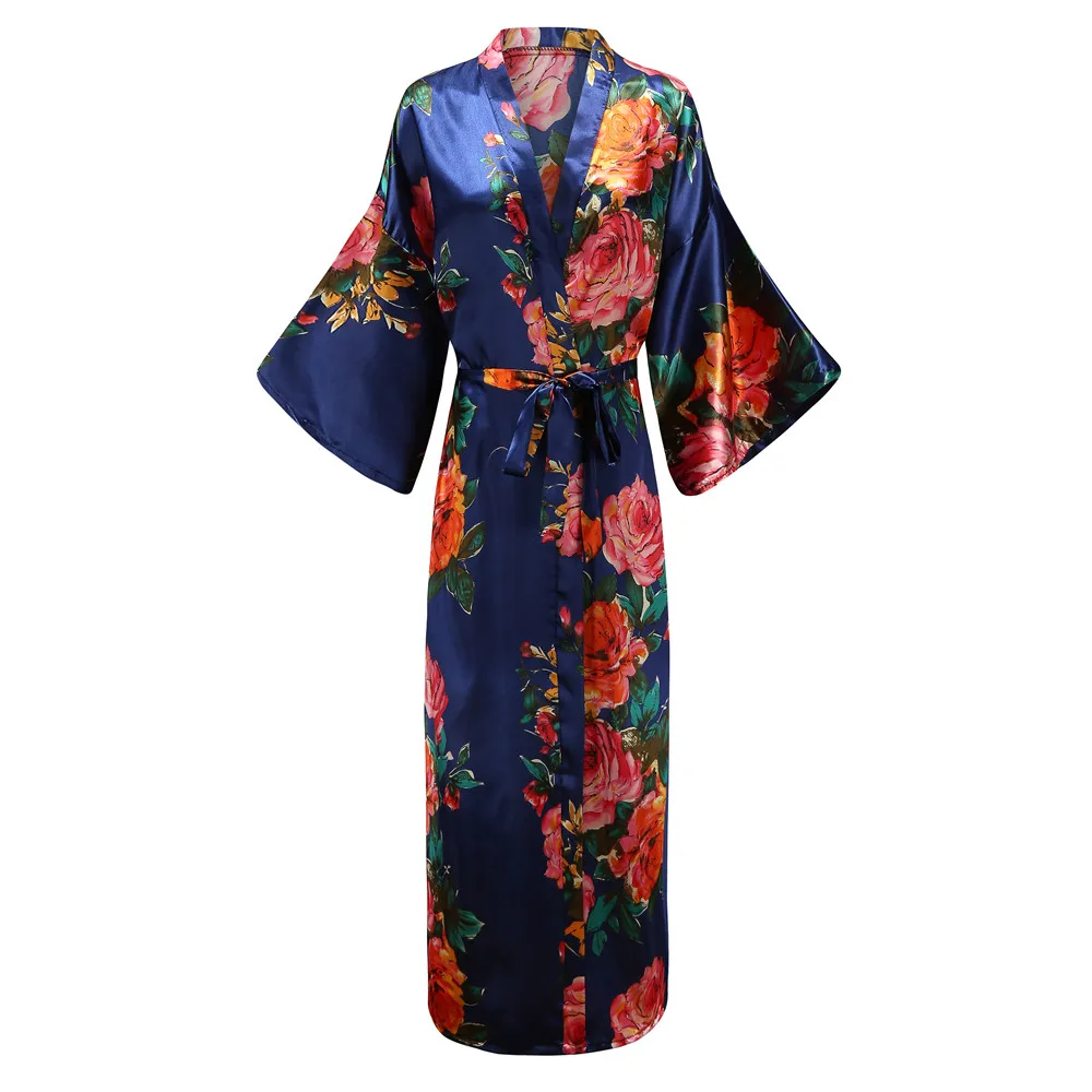 Изящный, темно-синий женский длинный халат-кимоно Nigntgown изысканный цветочный принт ночное белье Ночное белье Повседневная Мягкая банная одежда 5XL 6XL
