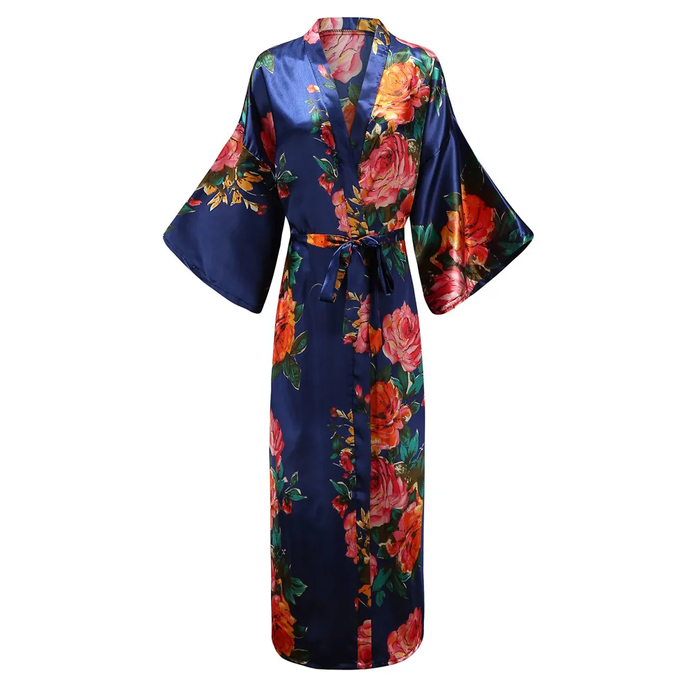 

Elegant Navy Blue Women Long Kimono Robe Gown Nigntgown Exquisite Print Flower Sleepwear Nightwear Casual Soft Bath Gown 5XL 6XL