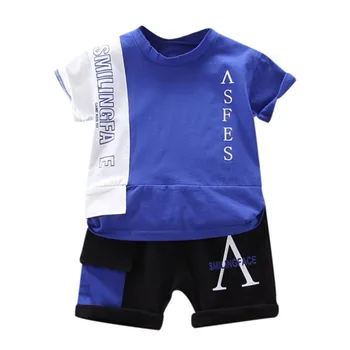 

Summer Boys Clothes Sets Summer Casual Short Sleeved Color Block Letter T-shirt Shorts Children Korean Suit 2Pcs
