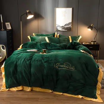 

4pcs Embroidery Luxury Home Velvet Bedding Set Thicken Size Flannel Bed Twin/Queen/King Duvet Sheet Cover Pillowcase