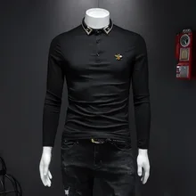 Высококачественная вышитая рубашка поло с Пчелой Мужская модная Узорчатая хлопковая уличная одежда с длинным рукавом черные рубашки поло Homme 5XL