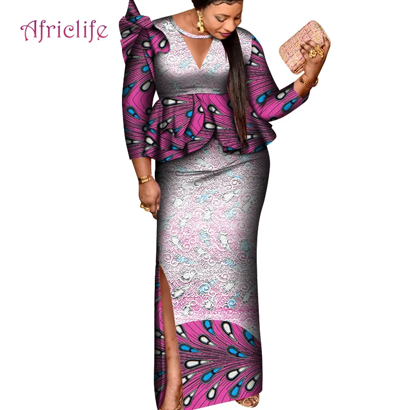 

Dashiki African Dresses for Women White Lace Decorations Long Sleeve Pleated Top and Side Fork Skirt Suits for Women WY8048