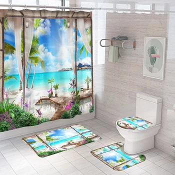 

4pcs Rugs Modern Washable Home Scenery Polyester Toilet Lid Cover Non Slip Bathroom Decor Shower Curtain Set Natural Landscape