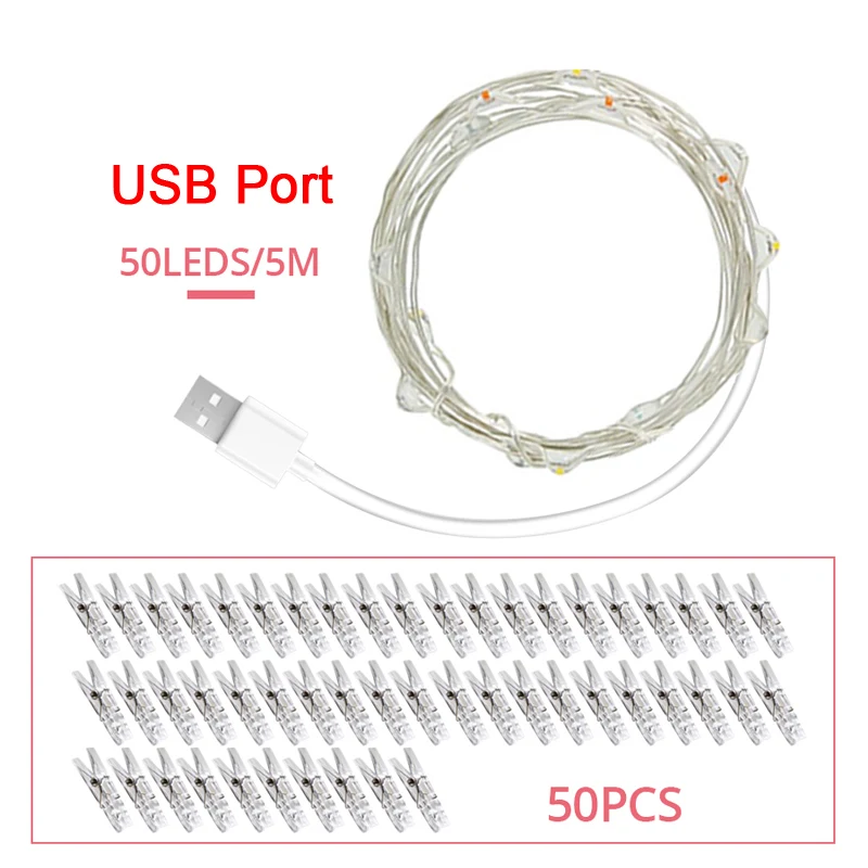 2/5/10 м гирлянда карты Медный провод светодиодный строки фото клип USB Батарея работает Рождественский Декор Свадебная вечеринка изображения огни - Испускаемый цвет: USB port 5m