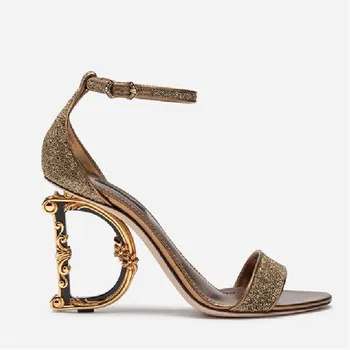 

High Quality Genuine Leather Shiny Sandals Women High Heels Shoes Designer Letter Heels Round Toe Ladies Party Pumps Shoes