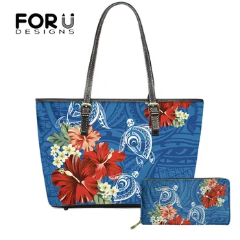 

FOURDESIGNS Brand Design Luxury Handbag And Purse For Women Hawaiian Hibiscus Floral With Poly Turtle Printing Ladies Tote Bag