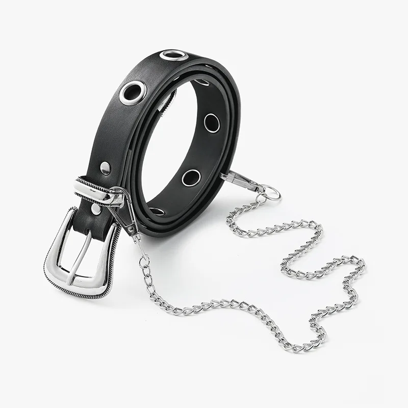 

Fashion Women Punk Style Belt Jeans Hip-Hop Cowboy Hollow Buckle Leather Belts With Chain Ladies Waistband