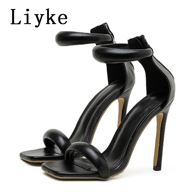 Liyke Gladiator High Heels Sexy Gold Sandals Fashion Square Toe Ankle Cover Strap Stiletto Stripper Women Shoes Pumps