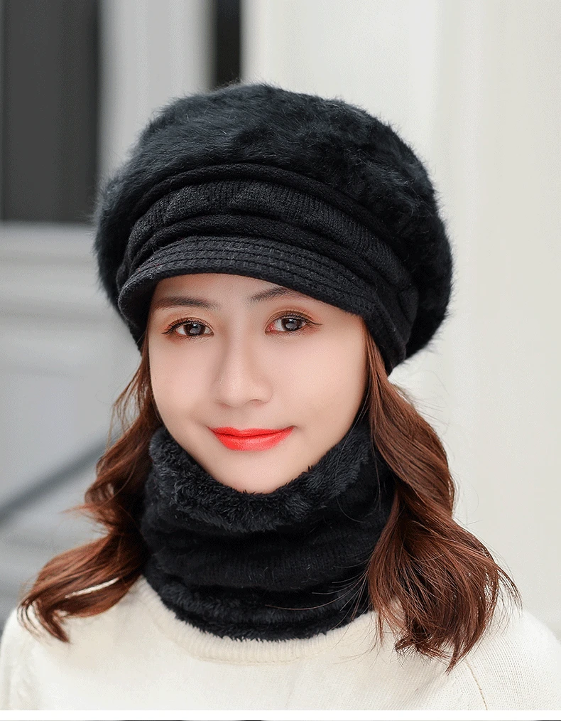 Осень зима искусственный мех кролика шапка набор Толстая теплая женская шапка шарф 2 шт наборы