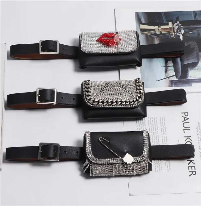 

2020 Mini Waist Packs Women Diamonds Rhinestone Waist Belt With money Bag PU Leather Liptstick Coin Key Street Female Fanny Pack