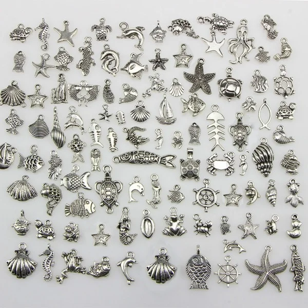 50Pcs Mixed style 50 шт. тибетский серебряный смешанный морской конек ракушка Морская звезда черепаха океан тема биологические Подвески DIY бусины ювелирные аксессуары - Цвет: 50Pcs Mixed style