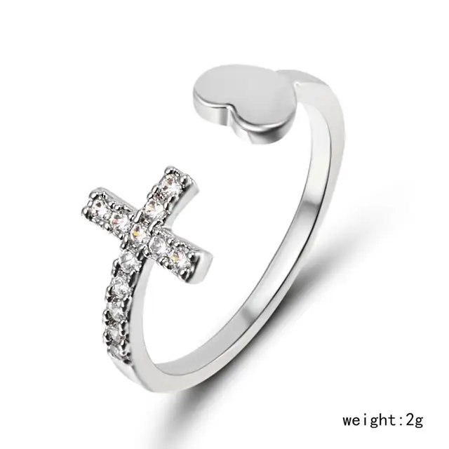 1PC Silver Color Alloy Rhinestone Cross Ring Geometric Heart Adjustable Opening Rings For Women Fashion Jewelry Gift 1