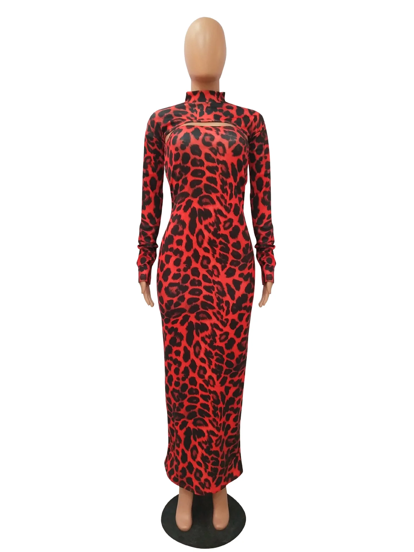 Сексуальное Клубное леопардовое Платье женское с длинным рукавом спереди с вырезом Макси Бандажное платье размера плюс осень зима женские длинные облегающие платья