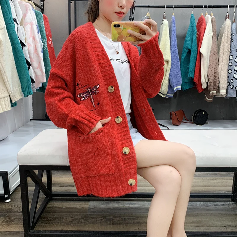 Bright red Мода осенние женские кардиганы свитера Стрекоза повседневное вязаное свободное Кардиган Модная Верхняя одежда Harajuku Женское пальто - Цвет: Bright red
