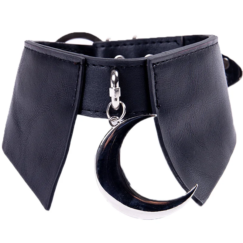 Goth Dark Necklace PU Leather Patchwork Gothic Moon Pendant Cool Chic Fashion Black Women Harajuku Jewelry Choker Necklaces