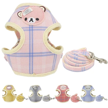 

Dog Harness Leash Set Adjustable Clip Breathable Lining Cute Cartoon Lattice For Small Medium Dog Harness Pet Leash S-M