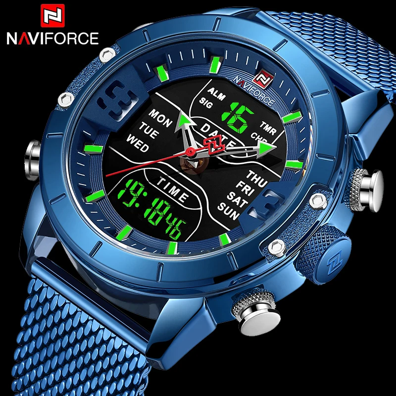 Часы Naviforce мужские армейские из нержавеющей стали с сеткой водонепроницаемые