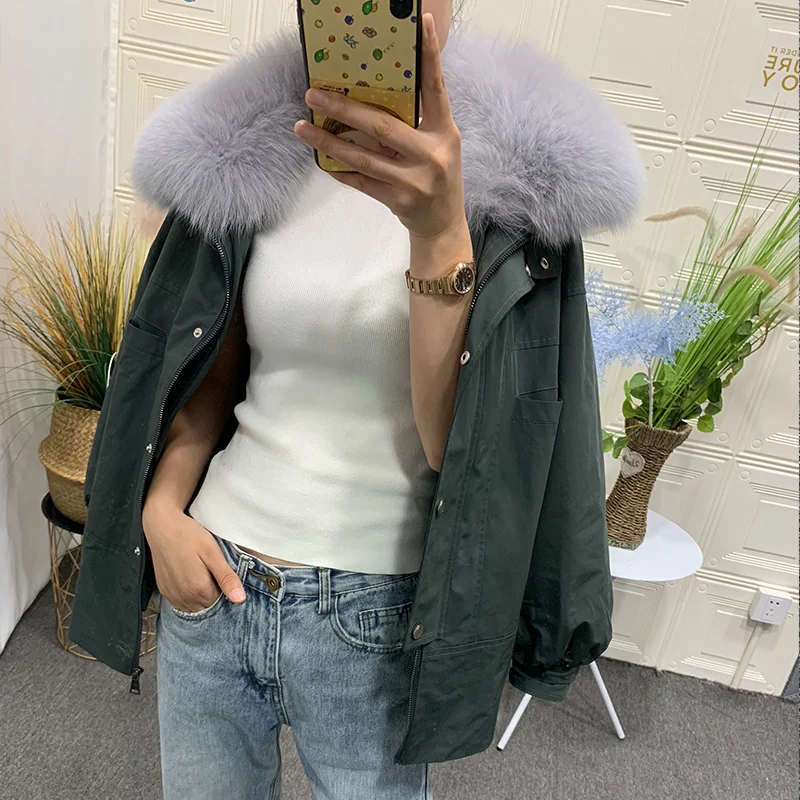 Cheap 2019 new Parka Winter Real Fur Coat Jacket Women Natural Fox Fur Collar Detachable Rex Rabbit Liner Loose Outerwear 1