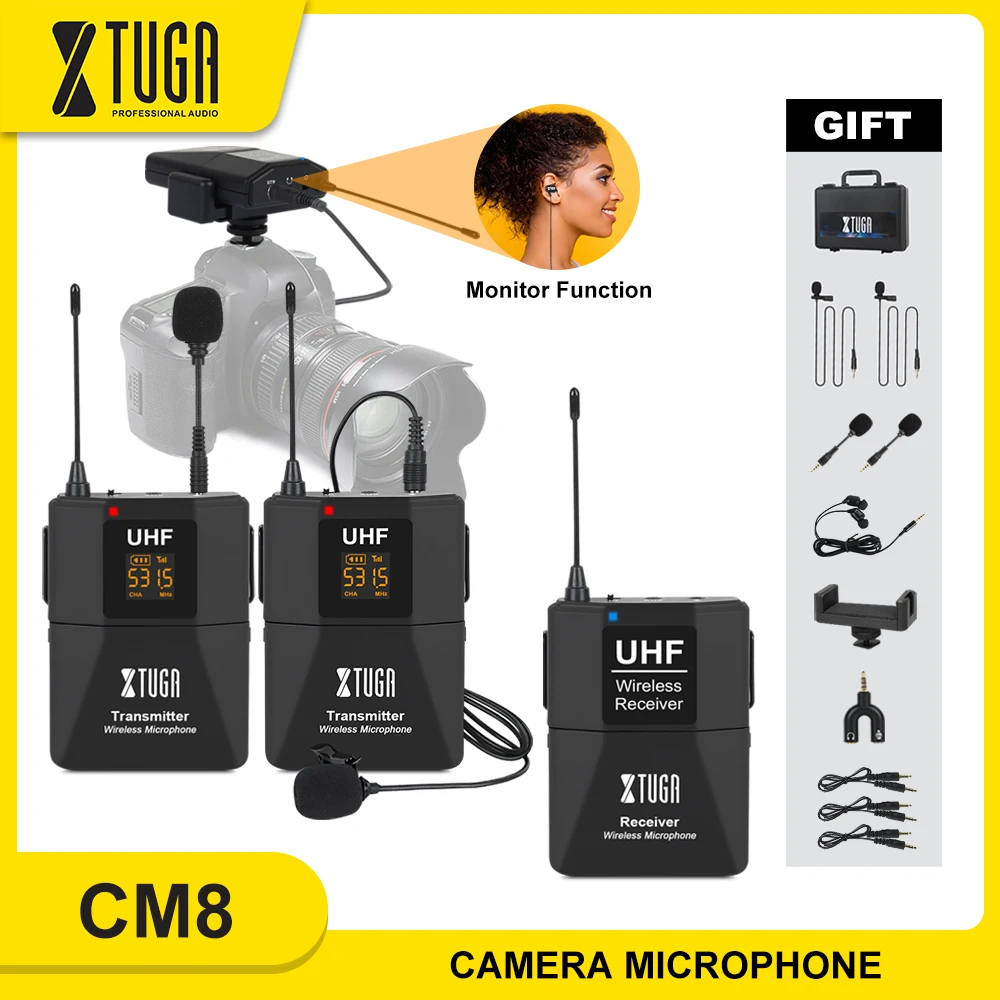 

XTUGA Camera Microphone with Monitor Function,UHF Wireless Lavalier Microphone with 30 Channels for Phones,SLR Cameras,Camcorder