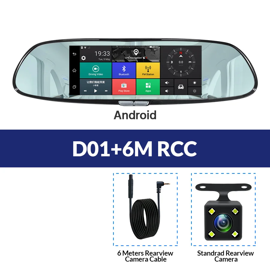 E-ACE D01 gps навигация трекер Автомобильный видеорегистратор 3g Wifi камера " сенсорный экран Android навигаторы 1080P видео рекордер зеркало заднего вида - Название цвета: D01-6M RCC