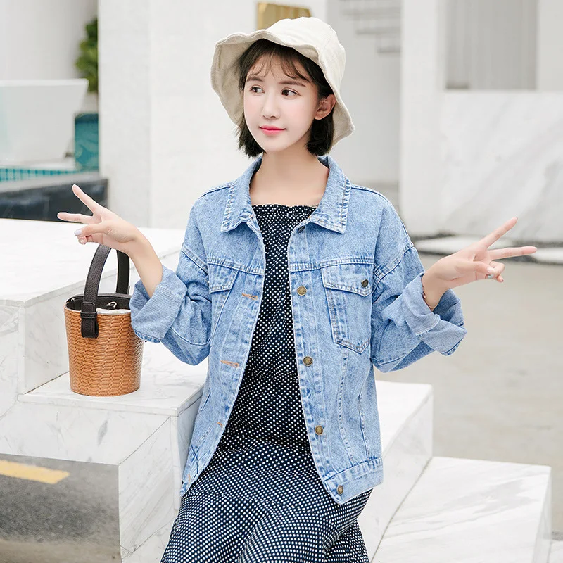 

2018 Hong Kong Flavor Jeans Coat Women's Spring And Autumn Korean-style Loose-Fit Lettered Embroidered Fold-down Collar Students