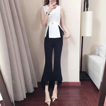 

Sleeveless Top Horn Floral Wide Leg Pants Suit Female 2019 Temperament Foreign Style Two-piece Set Chao