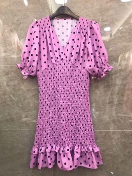 

2020 Spring and Summer New Women's V-neck Dot Prints Pattern Is Ruffled Short Sleeve Elastic Dress 627