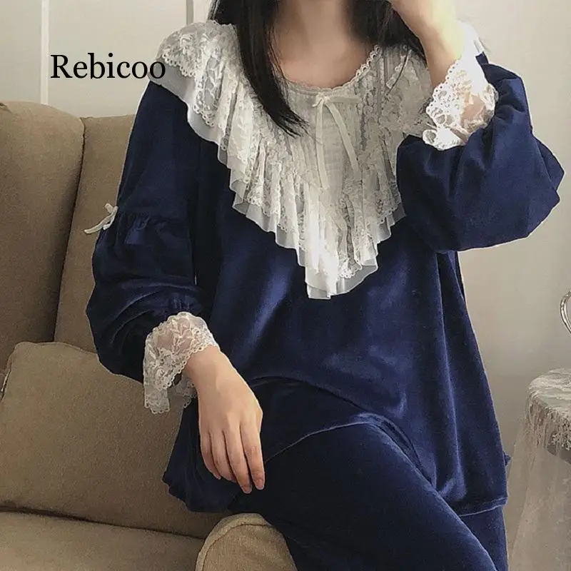 

High Quality Thick Flannel Solid Women's Pajamas Sets Autumn Winter Vintage Sweet Female Pyjamas Long Sleeve Sleepwear