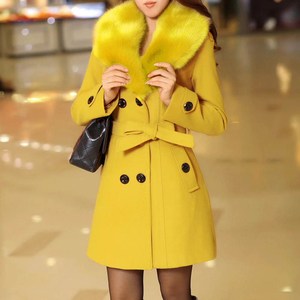 

Women Wool Blends Plus Size Sashes Long Double Breasted Office Ladies Vintage Faux Fur Overcoat Winter Coat 5XL Yellow/Khaki