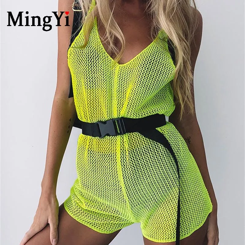 

Neon Green Mesh Fishnet Playsuit Backless Deep V-neck Hollow Out Sexy Beach Playsuits See Through Mujer Swimsuit Club Party Wear