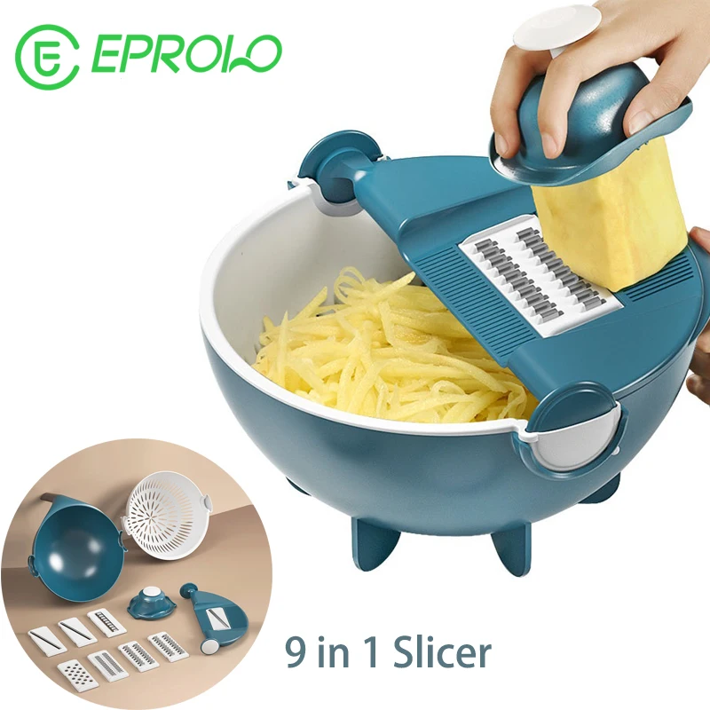 

Rotate Multifunctional Vegetable Cutter with Drain Basket 9 in 1 Slicer, Multi-functional Kitchen Veggie Fruit Shredder Grater