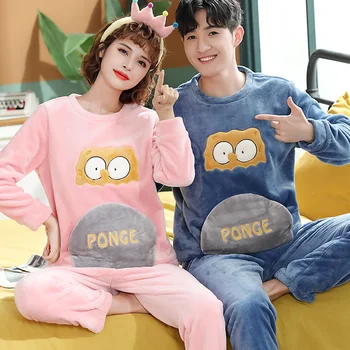 

Two Piece Set Korean Flannel Pajamas Winter Warm Couple Sleepwear Home Clothes Coral Fleece Thick Pyjamas Women Men Pijama Mujer