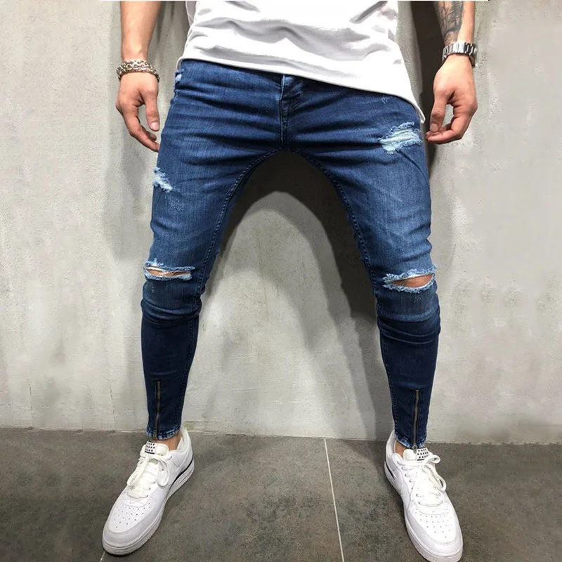 Мужские уличные рваные колени стрейч обтягивающие джинсы тонкие хип-хоп рваные синие джинсы джоггеры джинсовые штаны мужские брюки