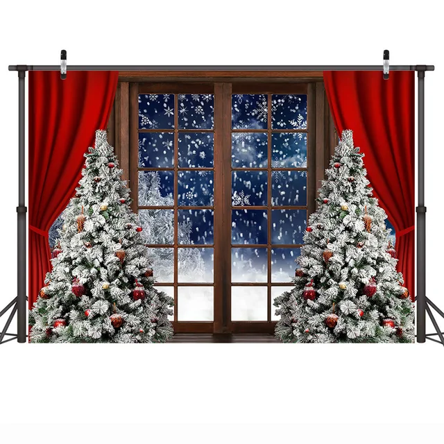 Christmas Window Backdrop Winter Snow Wonderland Birthday Portrait Background Curtain Wreath Christmas Tree Photography Props style-17