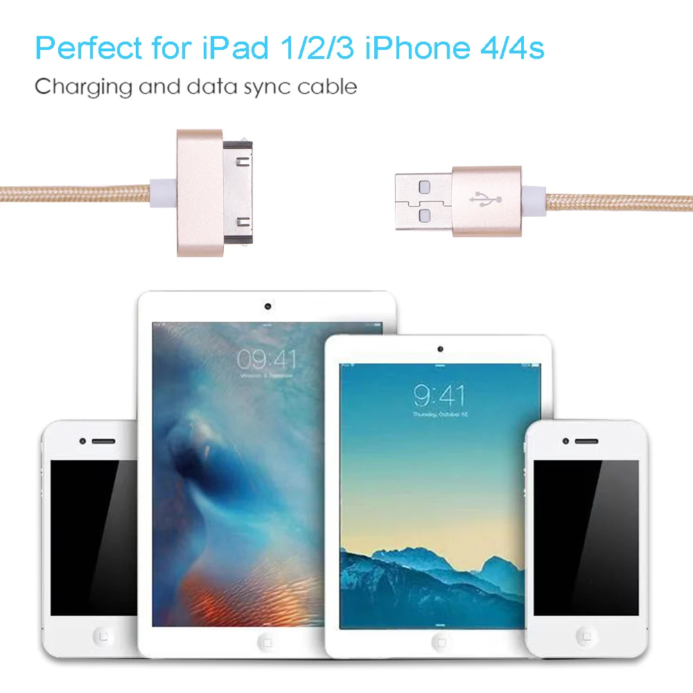 Rovtop 30 Pin USB кабель для IPhone 4S 4, металлический штекер, нейлоновая оплетка, кабель для зарядного устройства, 2А, шнур для быстрой зарядки и синхронизации данных для IPad 2