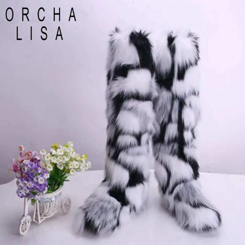 ORCHA LISA/зимние женские сапоги выше колена; Натуральная шерсть; страусиные перья; пушистый мех; плоская подошва; плюшевая Теплая Лыжная Уличная обувь; botte