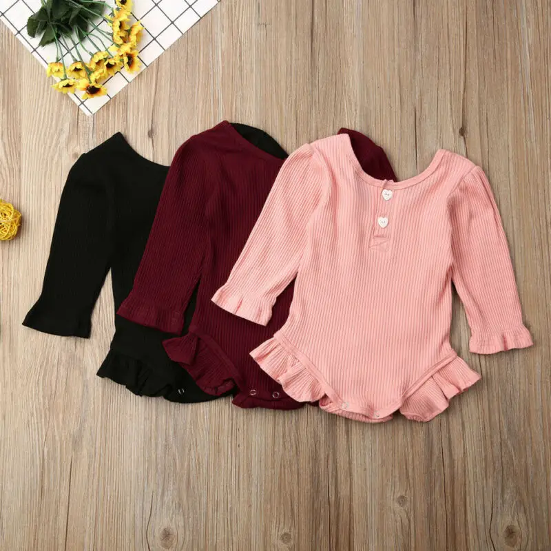 

Solid Newborn Kids Baby Girl Clothes Knitted Ruffle Autumn Bodysuit Overall Outfit Fall Spring Set