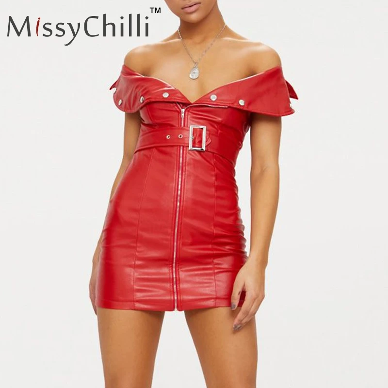 MissyChilli платье из искусственной кожи с открытыми плечами женское облегающее сексуальное платье с пряжкой и поясом элегантное вечернее платье осень молния Клубное красное платье