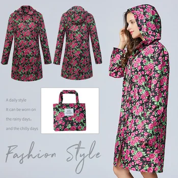 

Fashion Women's Flower Print Waterproof Raincoat rain cover long raincoat women With Hood Sleeves and Pocket