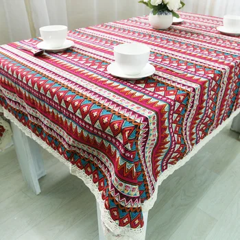 

SUCSES Retro Bohemian Tablecloth Folk-custom Style Cotton Linen Table Cloth Geometric Boho Table Cover with Lace Edge