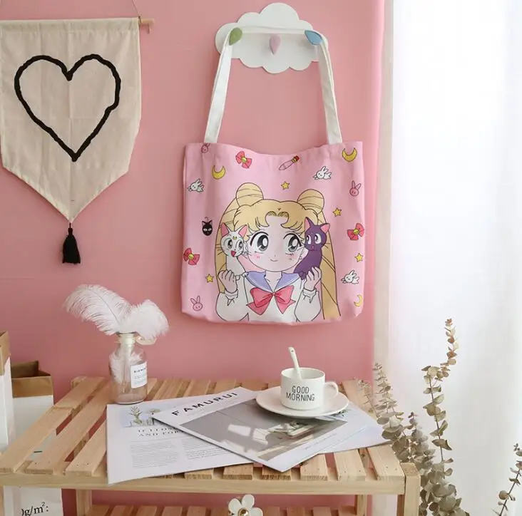 Cosplay Sailor Moon Card Captor Sakura Kawaii Cartoon Shoulder Bags Canvas Travel Shopping Casual Handbags Students School Bag