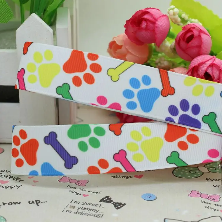 Dhk 7/8 ''5Yards Dog Paw Bone Stampato Grosgrain Ribbon Hair Bow Decorazione Del Partito Fai Da Te Oem All'Ingrosso 22Mm E625