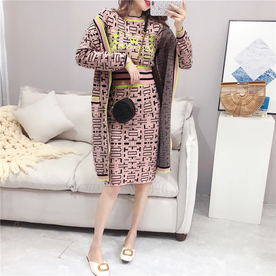 ALPHALMODA/ г. Осенне-зимняя женская трикотажная длинная куртка с геометрическим узором+ свитер+ юбка-карандаш модный костюм из 3 предметов