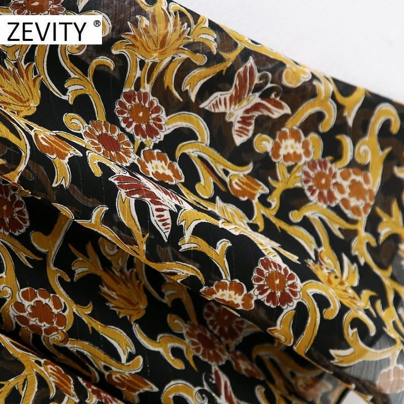 ZEVITY women vintage totem flower print front pleat chiffon midi dress female lantern sleeve casual vestidos chic dresses DS4440