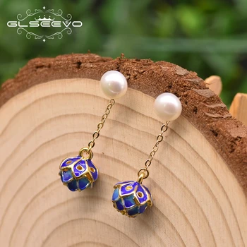 

GLSEEVO Natural Fresh Water Pearl Cloisonne Drop Earring For Women Wedding Handmade Flower Earrings Temperament Jewelry GE0967