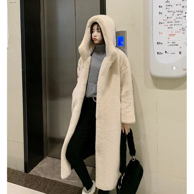 

Women Imitation Mink Fur Long Coat New Autumn Winter Solid Hooded Coats With Fur Trim Hood Warm Thicken Outwear