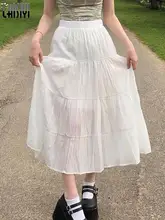 Long Pleated White Skirt Patchwork Kawaii High Waist Women's skirt Fairycore Bottom Mid-Calf Skirts 2022 Y2K Girl Sweet Outfits