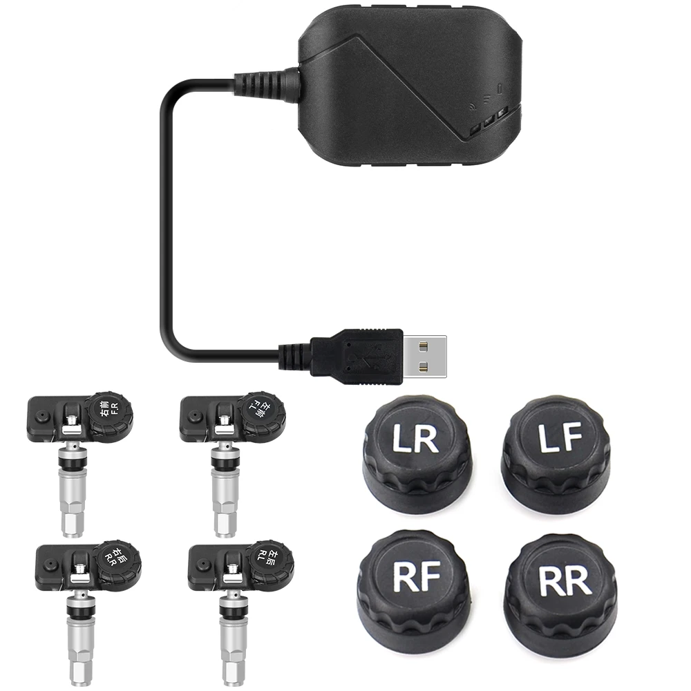 USB Android TPMS Car Tire Pressure Monitor 4 External Sensors 116 psi Monitoring Alarm System 5V Wireless Transmission